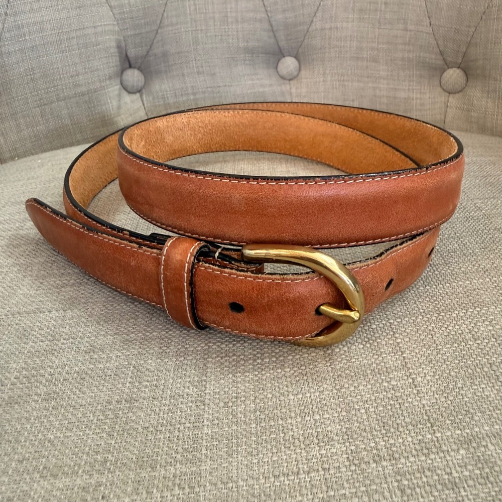 Dockers Leather Belt Women 36 Cognac Brown Good Solid Brass Buckle Stitch Detail